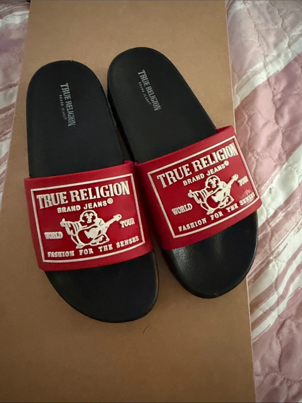 True Religion Kids Red and Black Logo Slide Sandals